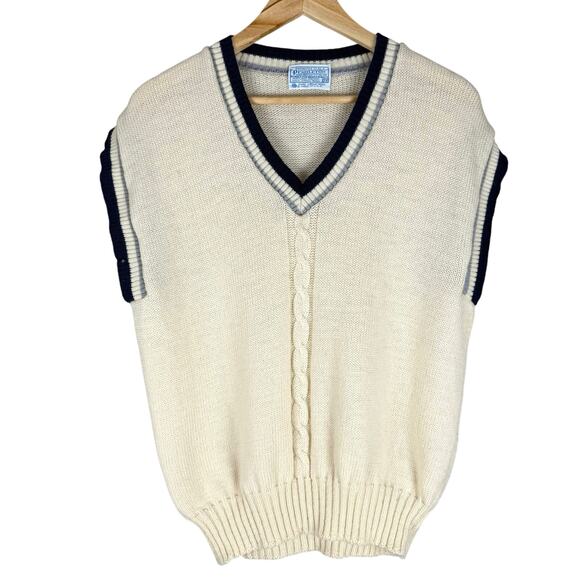 Vintage Pendleton wool sweater vest 2X cream navy trim cable knit made in USA - Picture 1 of 11